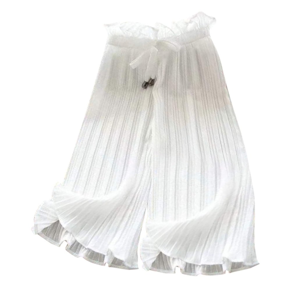 Girl's Flowy Wide Leg Pants Loose High Casual Solid Pants with Belt for Kid Toddler Elastic Waist (White, 6-7 Years)