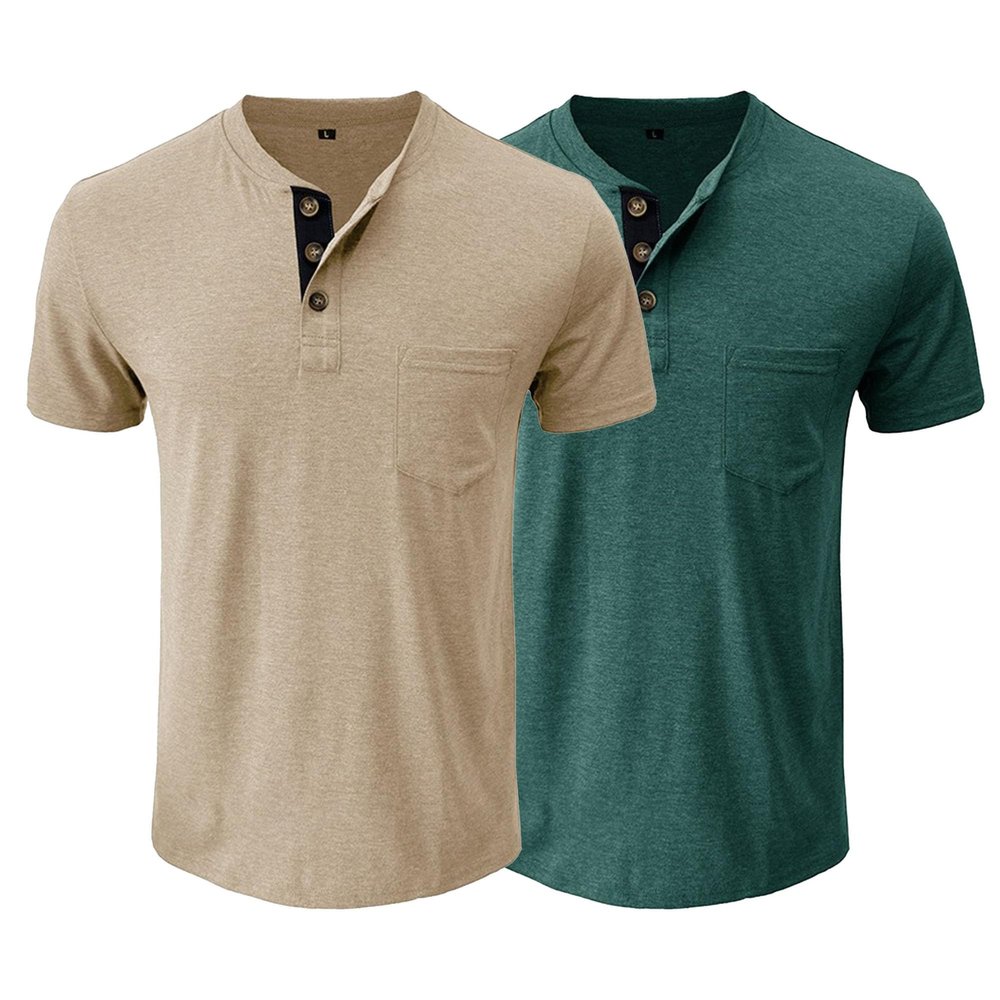 2 Pack Men's Polo Shirts 2024 Summer Short Sleeve T-Shirt Fashion V-Neck Henley Shirt Solid Button Tee Casual Top (XXL,Apricot+Green)