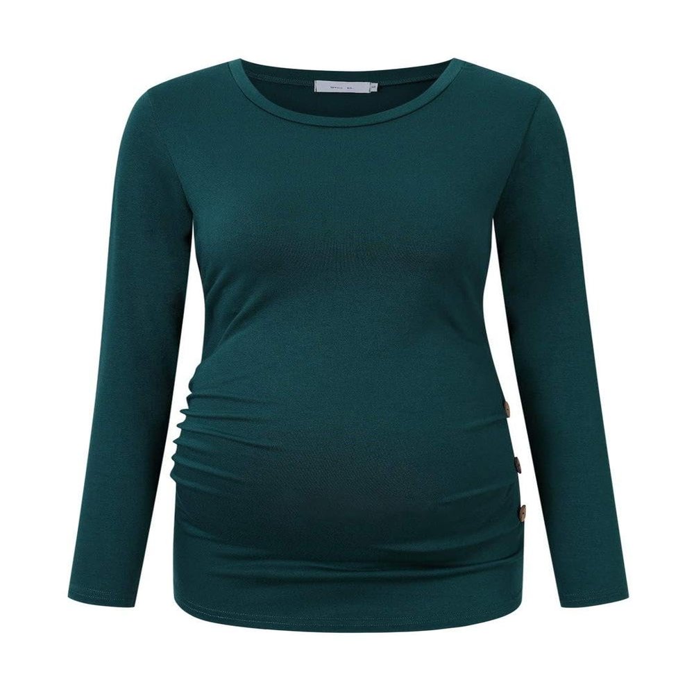 Maternity Side Button Ruched Tunic Tops Long Sleeve T-Shirts (Green1-Long)