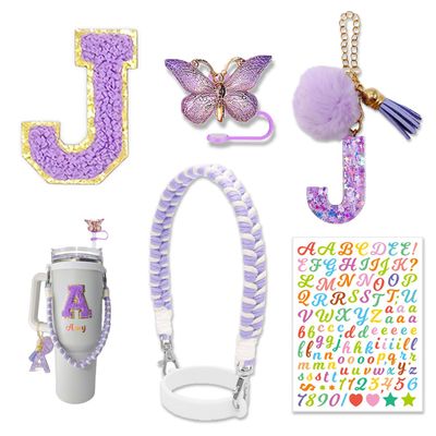 Cup Accessories Set for Stanley Cup 30oz 40oz, Water Bottle Cup Handle Strap Letter Charms Sticker & Butterfly Straw Cover Topper (Purple J)