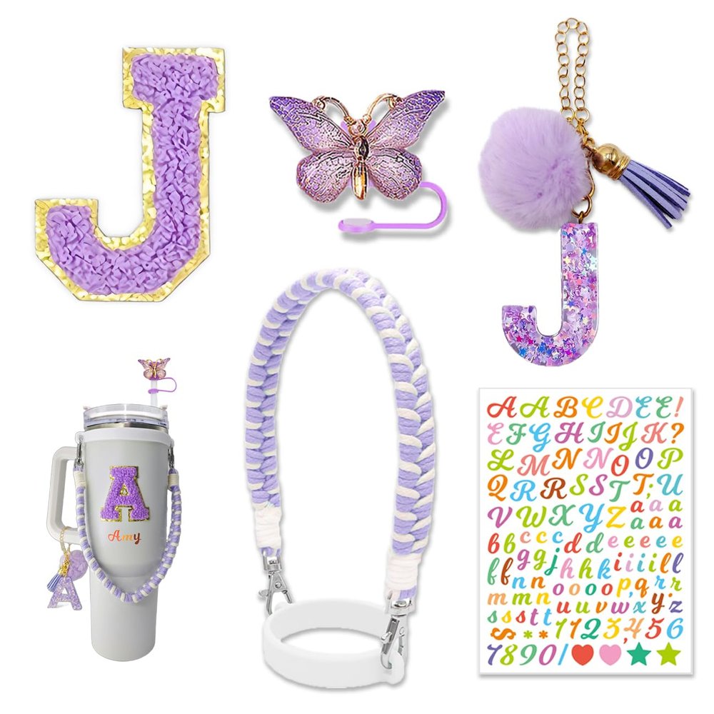 Cup Accessories Set for Stanley Cup 30oz 40oz, Water Bottle Cup Handle Strap Letter Charms Sticker & Butterfly Straw Cover Topper (Purple J)