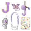 Cup Accessories Set for Stanley Cup 30oz 40oz, Water Bottle Cup Handle Strap Letter Charms Sticker & Butterfly Straw Cover Topper (Purple J) view 1