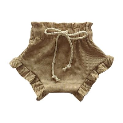 Newborn Baby Girl Knit Ribbed Shorts Infant Bloomers Solid Color Drawstring Ruffled Short Summer (Khaki, 18-24 Months)