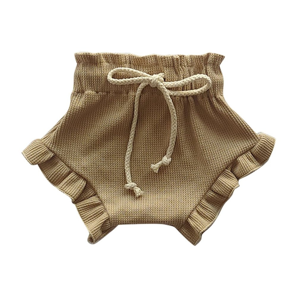 Newborn Baby Girl Knit Ribbed Shorts Infant Bloomers Solid Color Drawstring Ruffled Short Summer (Khaki, 18-24 Months)