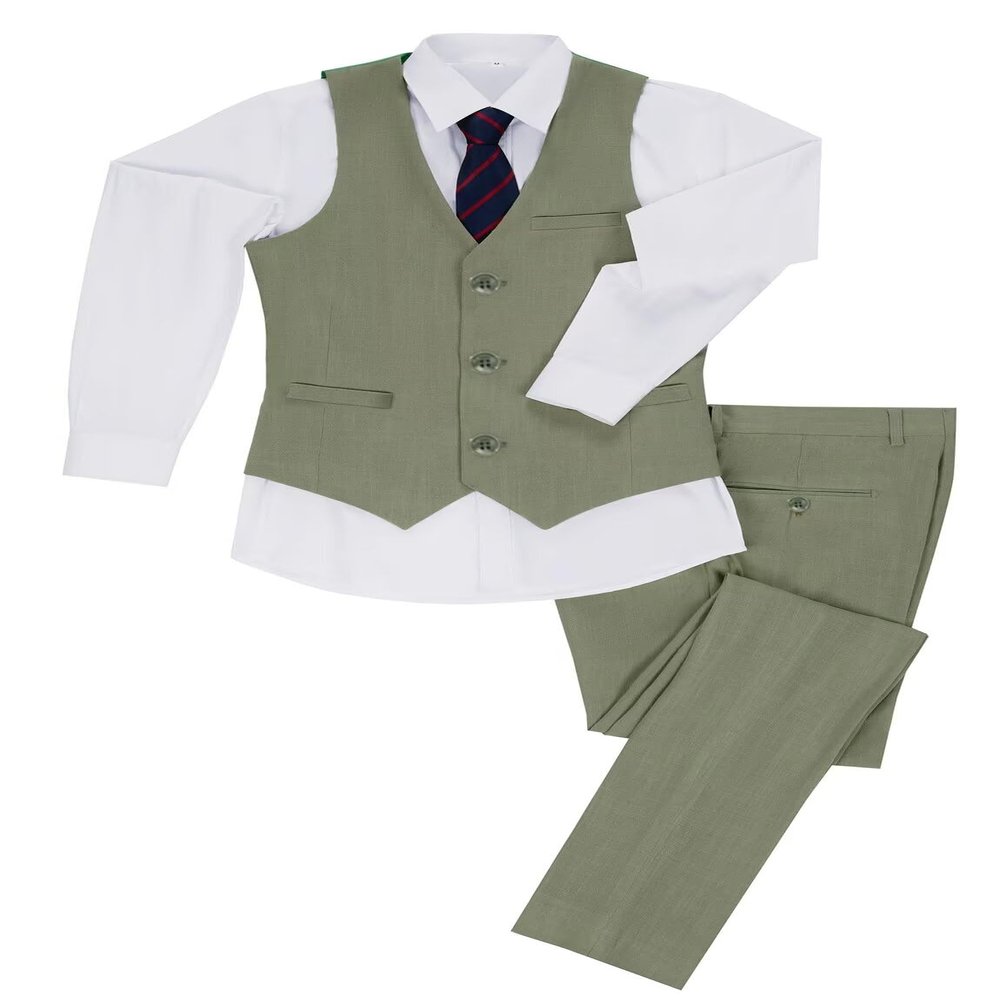 Boys 3 Pieces Suits Slim Fit Kids Linen Outfits Vest Pants Tie Sets Beach Wedding Green Formal Dresswear for Boy Size 6
