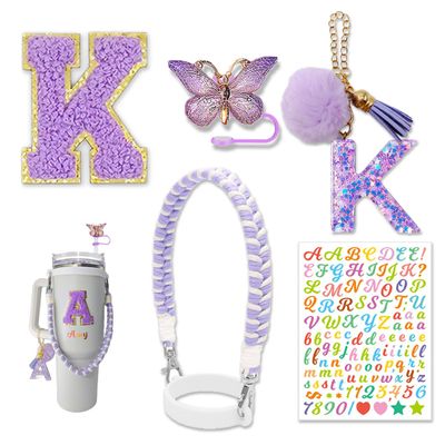 Cup Accessories Set for Stanley Cup 30oz 40oz, Water Bottle Cup Handle Strap Letter Charms Sticker & Butterfly Straw Cover Topper (Purple K)