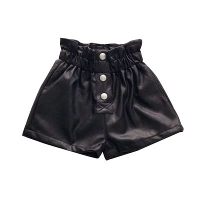 High Waisted Wide Leg Black Faux Leather Shorts for Girls and Toddler Button Front Pull on Dressy (Black, 3-4 Years)