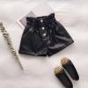 High Waisted Wide Leg Black Faux Leather Shorts for Girls and Toddler Button Front Pull on Dressy (Black, 3-4 Years) view 2