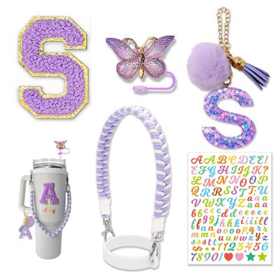 Stanley Cup Accessories Set - 30oz & 40oz Water Bottle Handle Strap, Letter Charms, Sticker & Butterfly Straw Cover Topper (Purple)