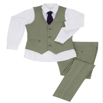 Tesscy Boys 3 Pieces Suits Linen Slim Fit Kids Summer Beach Outfits Vest Dress Pants Sets Formal Green Suit for Boy Size 12