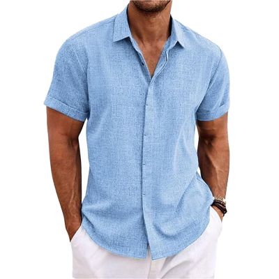 DGHM-JLMY Men's Linen Shirts Solid Color Short Sleeve T-Shirt Casual Button Cotton and Linen Shirt Summer Beach Shirt Blouses (S,Baby Blue)