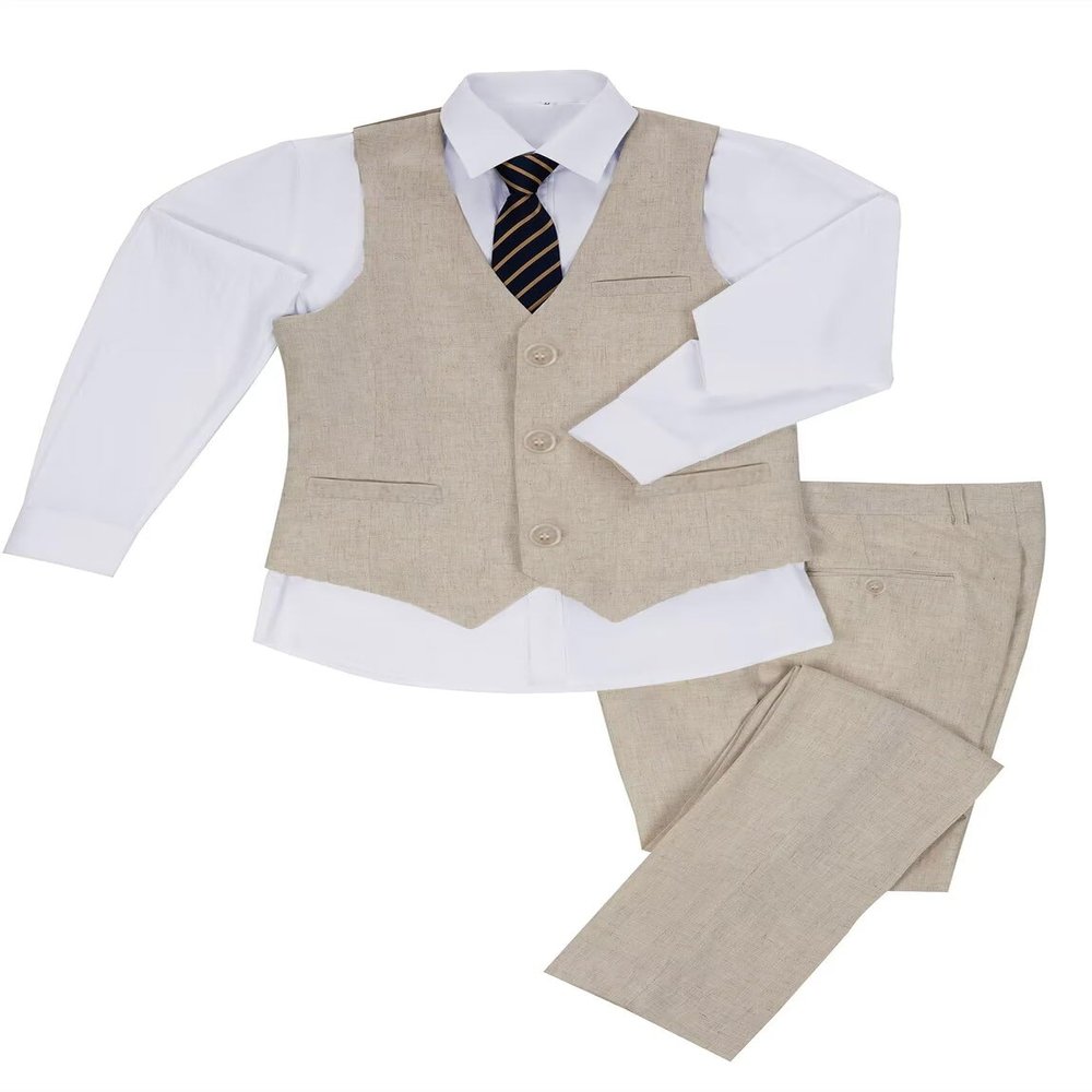 Boys Linen Vest and Pants Suit Set 3 Pieces Slim Fit Formal Wedding Ring Bearer Outfit Beige Tuxedo Dress Suits with Tie Size 6