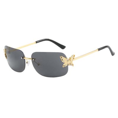 WNCKSQ Sunglasses Women Rimless Sun Glasses Butterfly Rectangle Eyeglasses Sun Glasses UV400,gold black,S