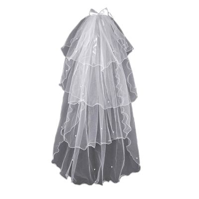 BLULILY Bride Veil Beaded Pearl Bowknot Veil Head Covering Wedding Hair Sheer White Wedding Veil Headscarf Mantilla Veil