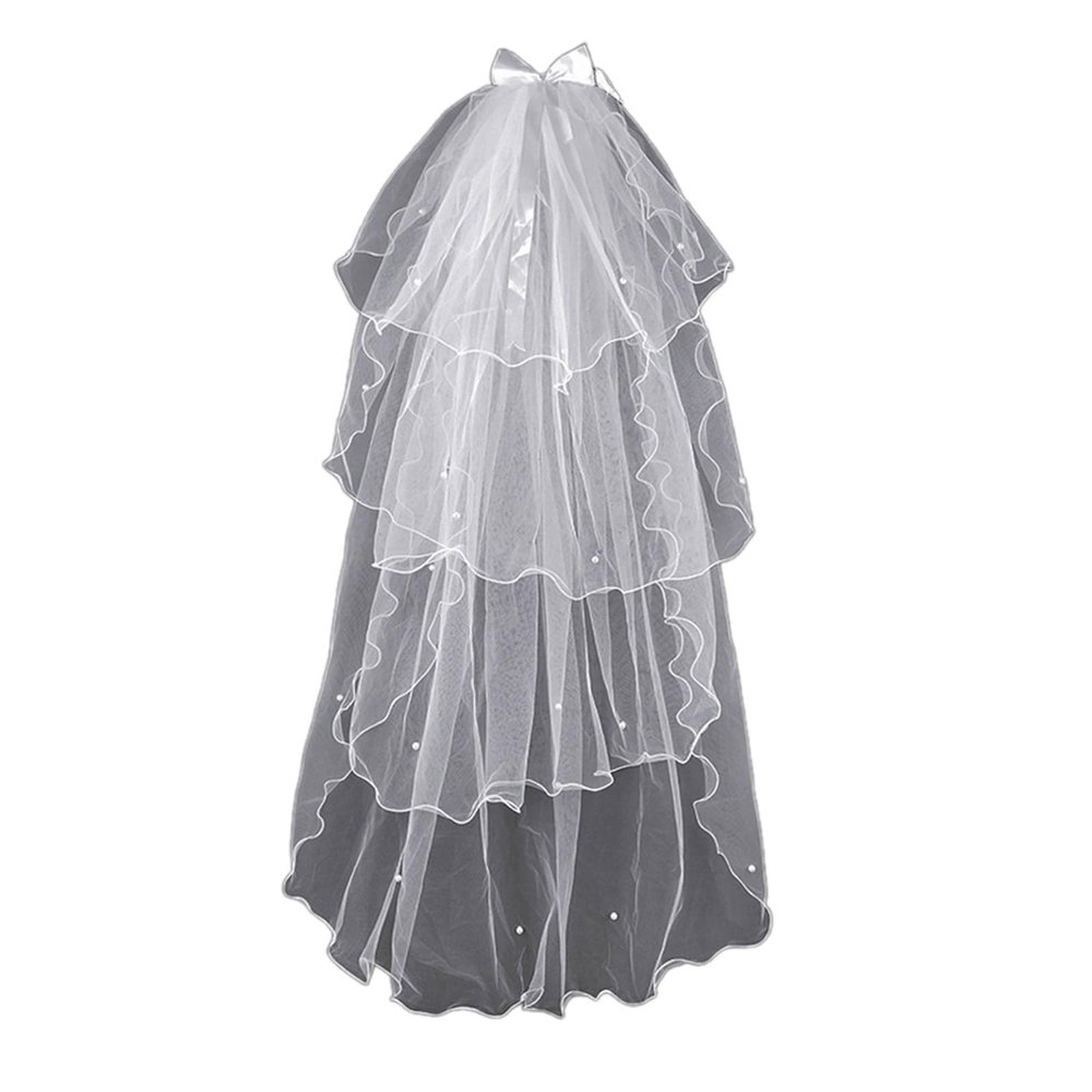 BLULILY Bride Veil Beaded Pearl Bowknot Veil Head Covering Wedding Hair Sheer White Wedding Veil Headscarf Mantilla Veil