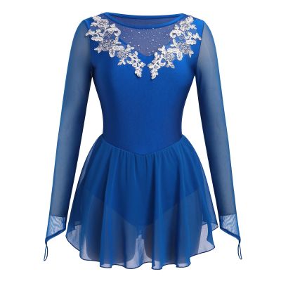 ODASOD Women Figure Ice Skating Dress Teens Girl Rhinestone Embroidery Mesh Long Sleeve Figure Skating Dress Dance Leotard for Gymnastic Competition Practice Stage Performance Dancewear Royal Blue XL