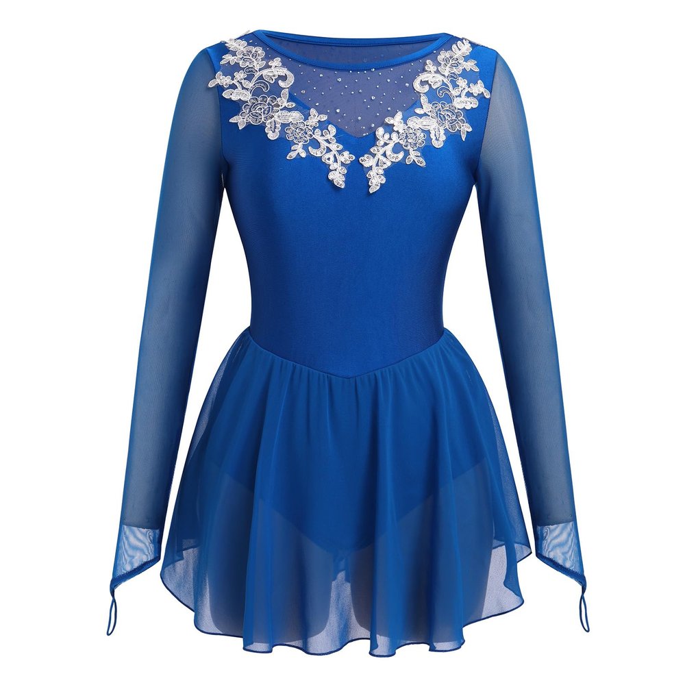 ODASOD Women Figure Ice Skating Dress Teens Girl Rhinestone Embroidery Mesh Long Sleeve Figure Skating Dress Dance Leotard for Gymnastic Competition Practice Stage Performance Dancewear Royal Blue XL