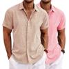 2 Pack Mens Linen Shirts Textured Button Down Shirt Hawaiian Beach Short Sleeve Casual Tshirts Work Clothes Tops (L,Khaki+Pink 2)