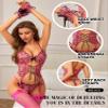 RSLOVE Womens Lingerie Set Sexy - Lace Bodysuit Garter Teddy Lingerie Deep V with Wrist Band 3 Piece Mesh Rose Red L view 3