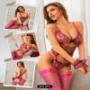 RSLOVE Womens Lingerie Set Sexy - Lace Bodysuit Garter Teddy Lingerie Deep V with Wrist Band 3 Piece Mesh Rose Red L view 4