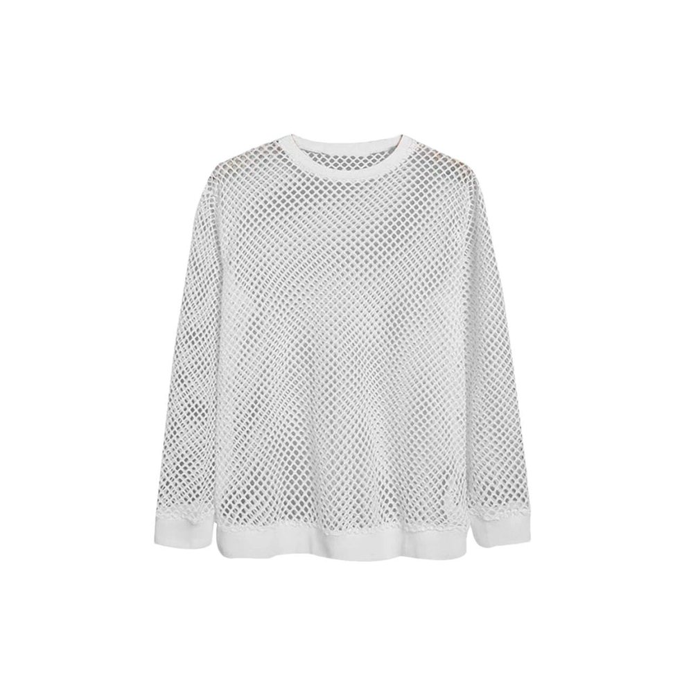Knit Men's T-Shirt Long Sleeve Lightweight Tops Hollow Out Casual Vacation Men Clothing Pullovers 2- XL