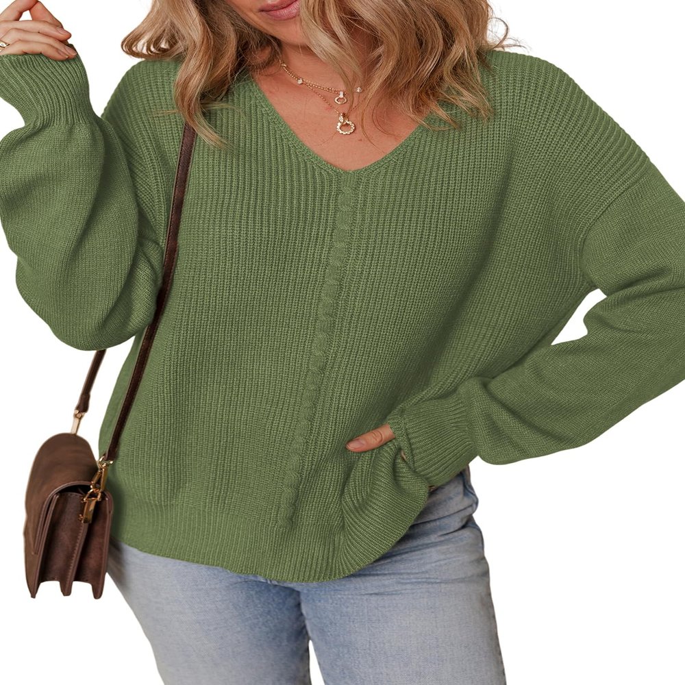 Dokotoo Womens Sweaters Casual 2026 Fall Winter Slouchy Pullover Sweater V Neck Soft Long Sleeve Cable Knit Loose Fit Jumper Tops Green Small