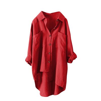 JOFOW Womens Linen Shirts Ladies Linen Shirt Oversized Long Sleeve Shirts for Women Oversized Linen Button Down Women (b-Red,XX-Large)