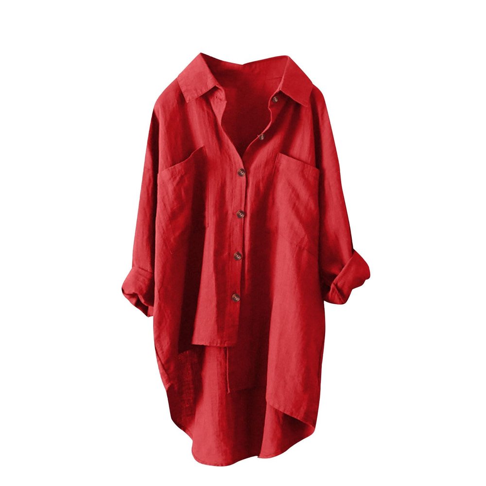 JOFOW Womens Linen Shirts Ladies Linen Shirt Oversized Long Sleeve Shirts for Women Oversized Linen Button Down Women (b-Red,XX-Large)