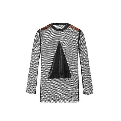 Men T Shirt Mesh Patchwork Transparent O-Neck Long Sleeve Tee Tops Streetwear Party Camisetas 1-L
