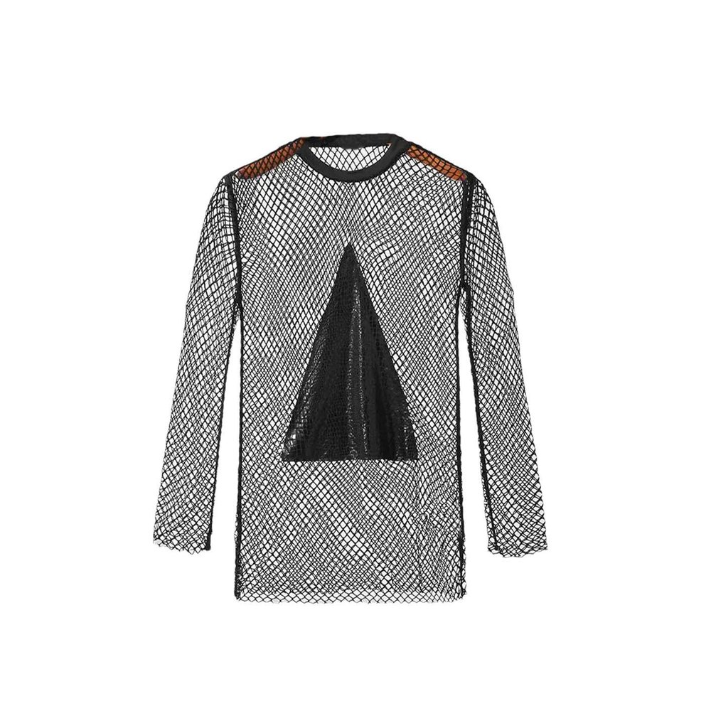 Men T Shirt Mesh Patchwork Transparent O-Neck Long Sleeve Tee Tops Streetwear Party Camisetas 1-L
