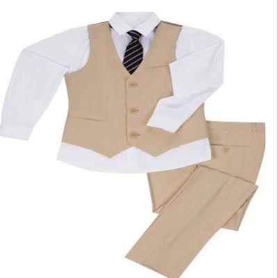 Tesscy Boys 3 Pieces Suits Linen Slim Fit Kids Summer Beach Outfits Vest Dress Pants Sets Formal Champagne Suit for Boy Size 6