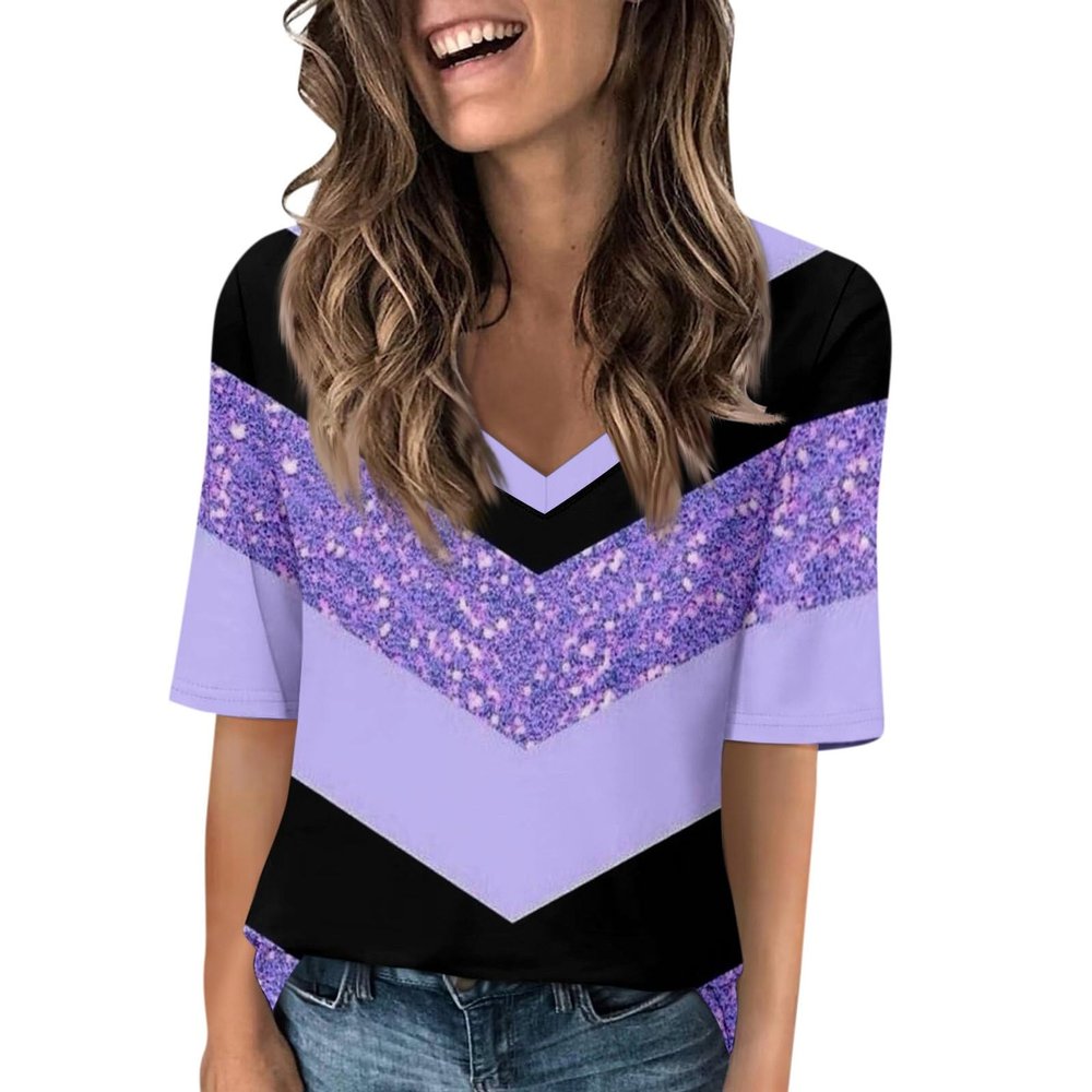1/2 Sleeve Tops for Women Blouses for Women 2025 Short Sleeve V Neck T Shirts Basic Casual Trendy Blouses 08-Blue X-Large