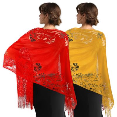 Yetuab 2PCS Pashmina Shawls and Wraps for Women - Wedding, Evening Dresses, White Lace and Crochet Fringe Shawls