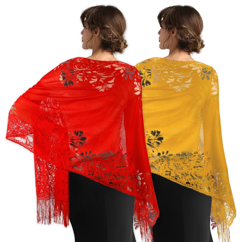 Yetuab 2PCS Pashmina Shawls and Wraps for Women - Wedding, Evening Dresses, White Lace and Crochet Fringe Shawls