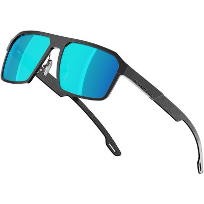 ATTCL Polarized Sunglasses Men Driving: Lightweight Metal Frame Fiber Temples UV400 Protection Stylish Hexagonal Sun glasses 8799 Black Blue