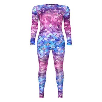 Aislor Womens Mermaid Jumpsuit Swimsuit Long Sleeve Fish Scale Print Bodysuit Rash Guards Beachwear Bathing Suit Type A Small