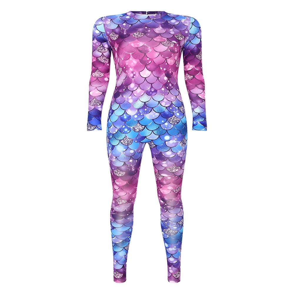 Aislor Womens Mermaid Jumpsuit Swimsuit Long Sleeve Fish Scale Print Bodysuit Rash Guards Beachwear Bathing Suit Type A Small