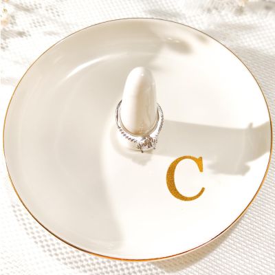 Yoqanr Ceramic Initials Jewelry Tray Ring Dish With Personalized C-Monogrammed Engagement Wedding Gifts, for Birthday Mother's Day for Women, Ceramic White 4.7" x2.4"