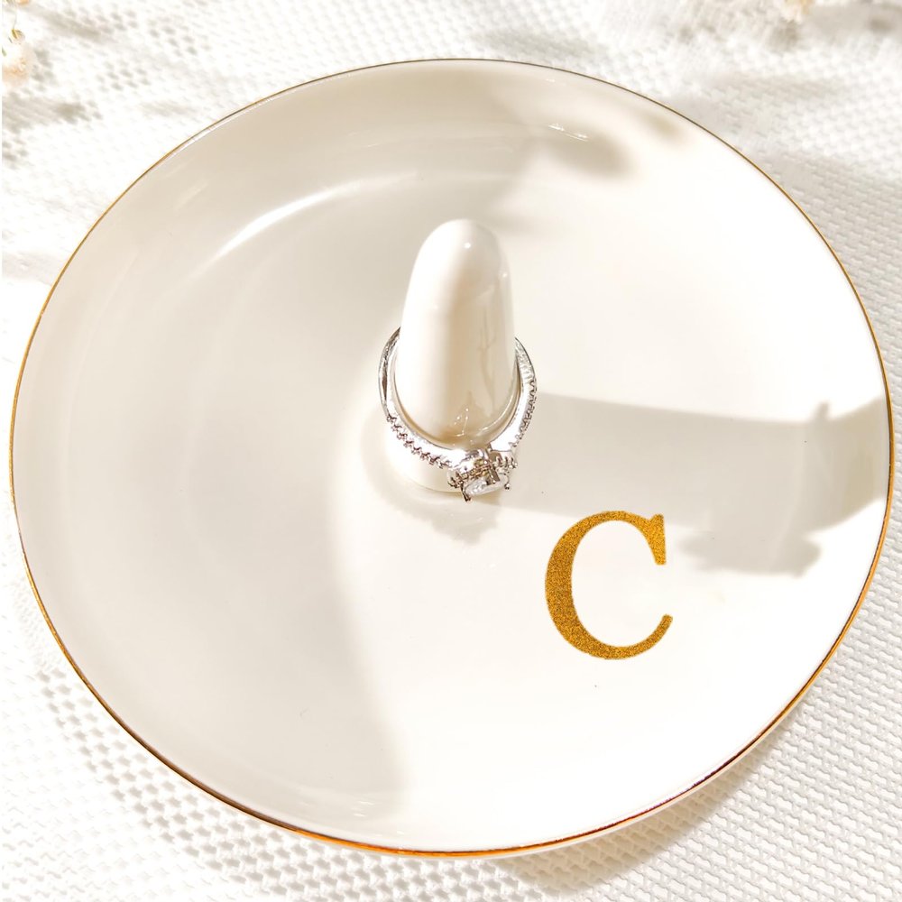 Yoqanr Ceramic Initials Jewelry Tray Ring Dish With Personalized C-Monogrammed Engagement Wedding Gifts, for Birthday Mother's Day for Women, Ceramic White 4.7" x2.4"