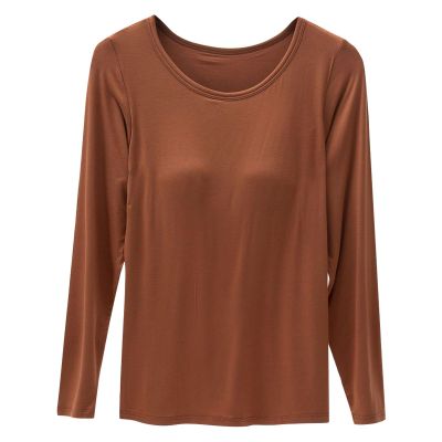SHAOBGE Fall Build in Bra Tops for Women Long Sleeve Casual Crew Neck Shirts Adjustable Spaghetti Strap Ealstic Bra Tops 2024,Brown-2,Large, October 11-12,Day of