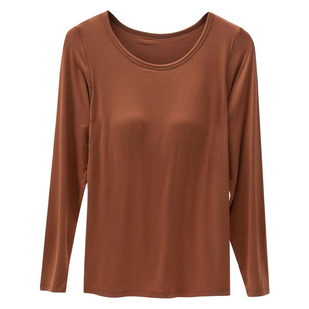 SHAOBGE Fall Build in Bra Tops for Women Long Sleeve Casual Crew Neck Shirts Adjustable Spaghetti Strap Ealstic Bra Tops 2024,Brown-2,Large, October 11-12,Day of
