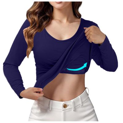 SHAOBGE Fall Build in Bra Tops for Women Long Sleeve Casual Crew Neck Shirts Adjustable Spaghetti Strap Ealstic Bra Tops 2024,Dark Blue-1,X-Large, October 11-12,Day of