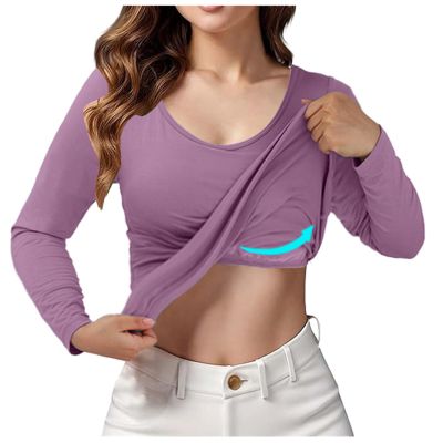 SHAOBGE Fall Build in Bra Tops for Women Long Sleeve Casual Crew Neck Shirts Adjustable Spaghetti Strap Ealstic Bra Tops 2024,Purple-1,Medium, October 11-12,Day of