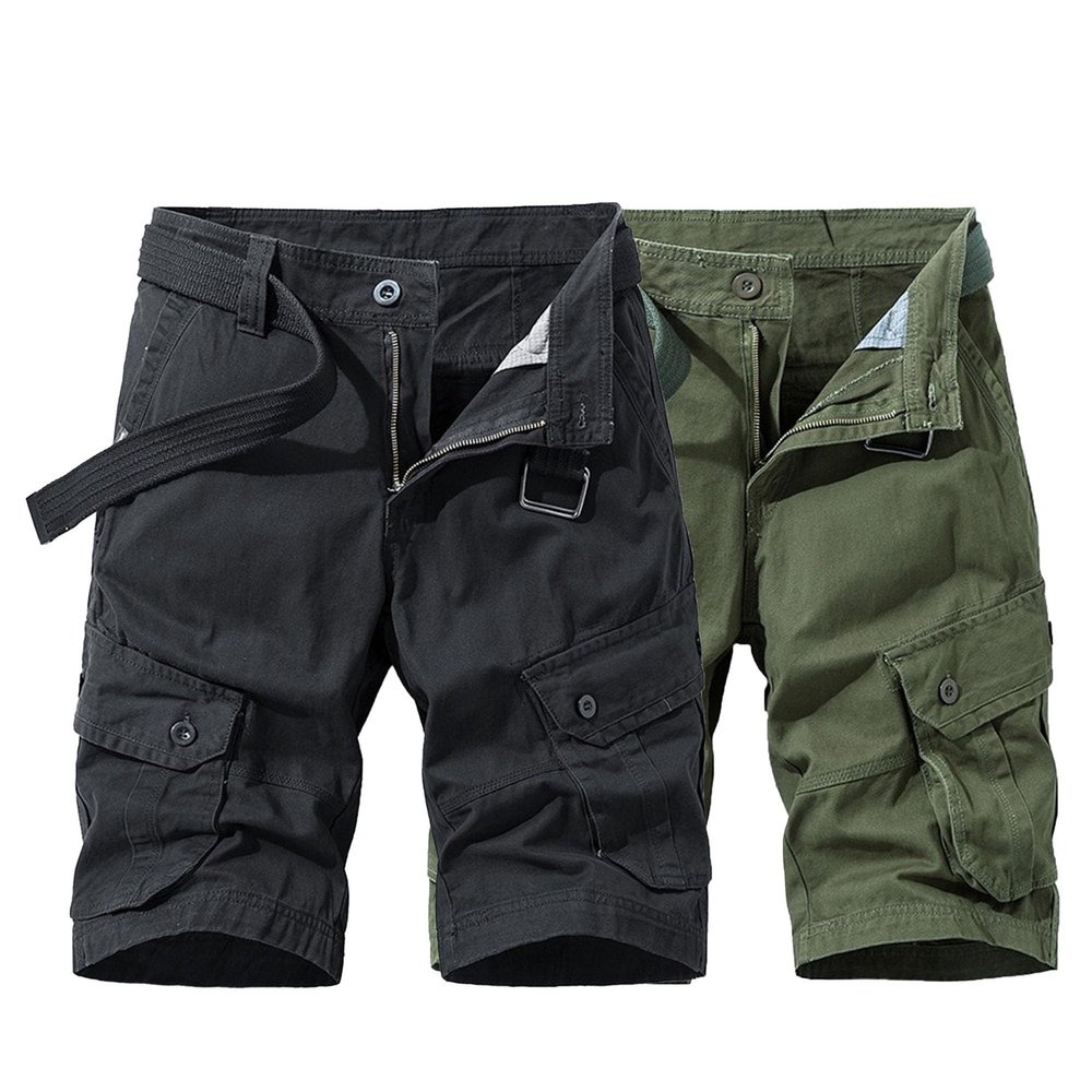QOAAIE 2 Pack Men's Multi Pocket Cargo Shorts Summer Casual Straight Cotton Shorts Outdoor Twill Casual Work Shorts (Black/Green,30)