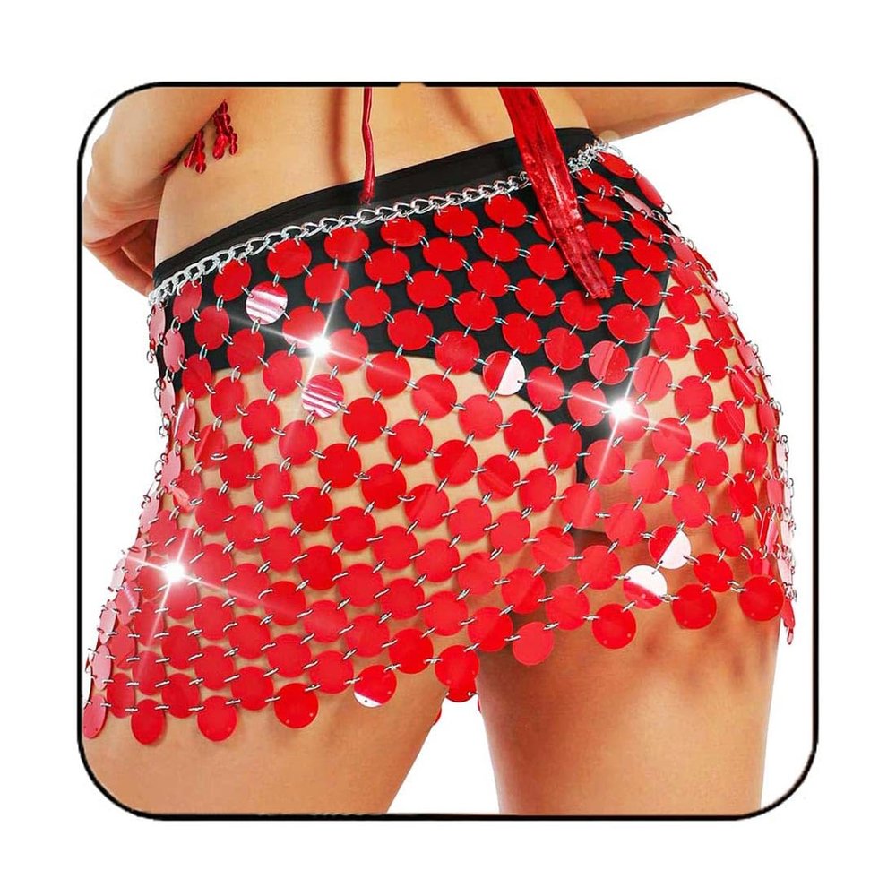 Aukmla Sparkly Sequin Chainmail Mini Skirt Dots Belly Dance Hip Skirts Disco Concert Waist Chain for Women Red