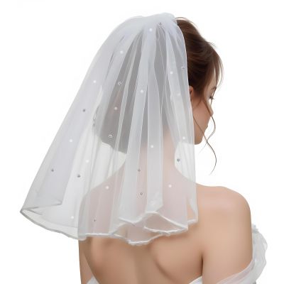 Andibro Short Bridal Veil, Women's Short Vails with Rhinestone White Short Wedding Veil with Comb Elegant Tulle Layer Veil for Bride Wedding Bachelorette Party Costume