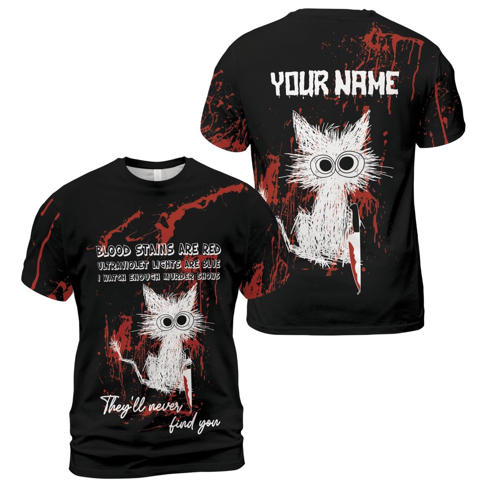 ThuhaTree Store Personalized Horror Halloween Funny Cat They'll Never Find You 3D T-Shirt and Hoodie Unisex S-5XL, Mens Halloween T-Shirt, Halloween Shirts for Men Multi