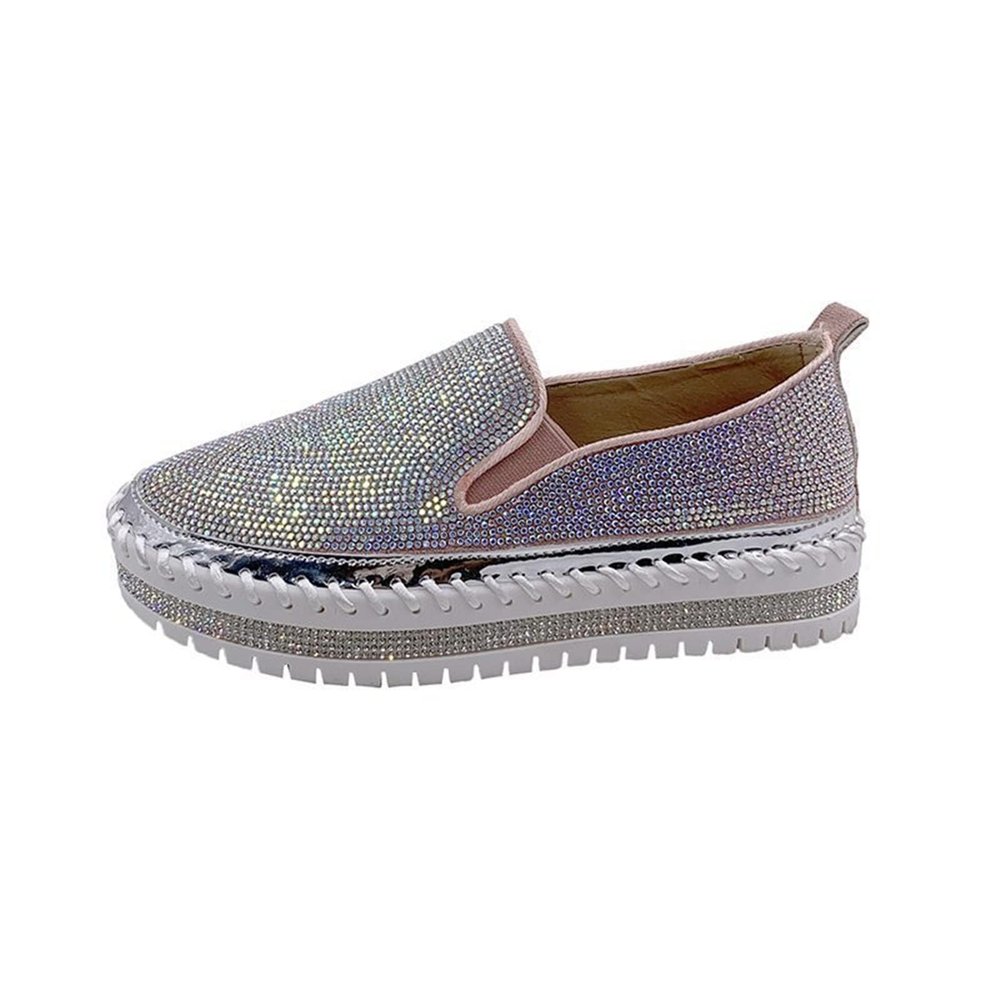 Women's Platform Sneakers Rhinestones Glitter Slip On Walking Sneakers Round Toe Comfort Flats Walking Loafers for Outdoor