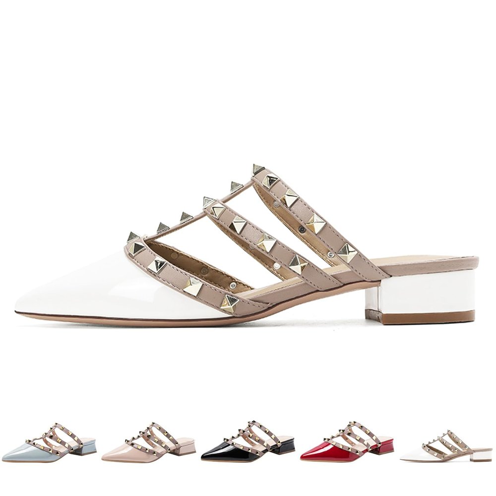 Women's Pointed Toe Studded Mules Backless Slip on Outdoor Shoes Chunky Low Heels Slip-On Pump Party Dress Low Heels Sandals