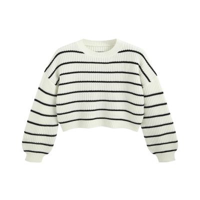 CIDER Womens Cropped Striped Sweater Long Sleeve Crew Neck Trendy Pullover Tops: White, XL